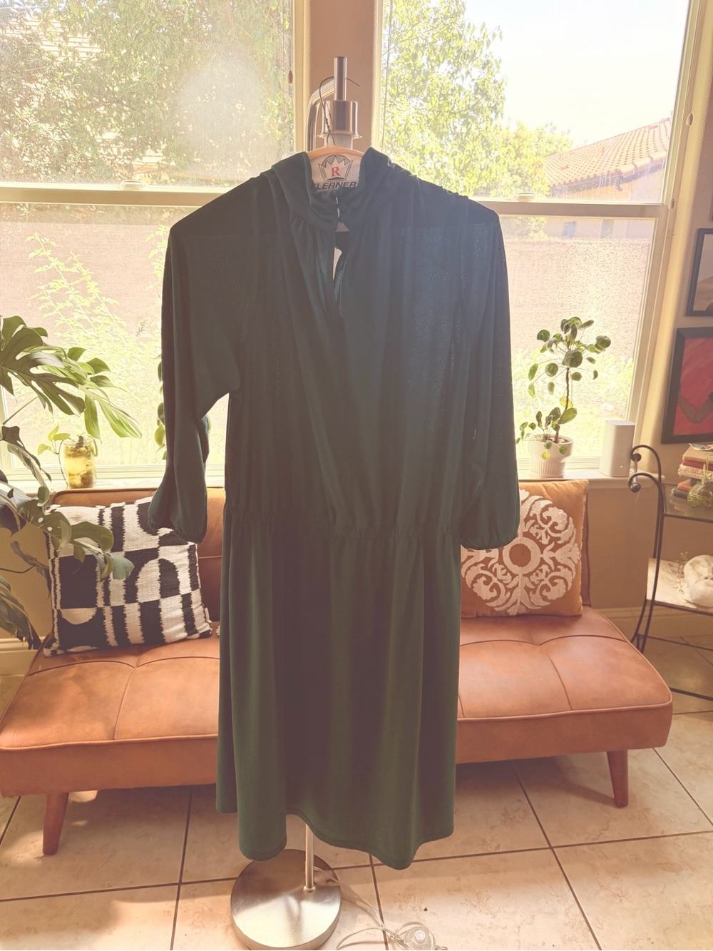 Dark Green Knee-Length Dress with Gathered Waist